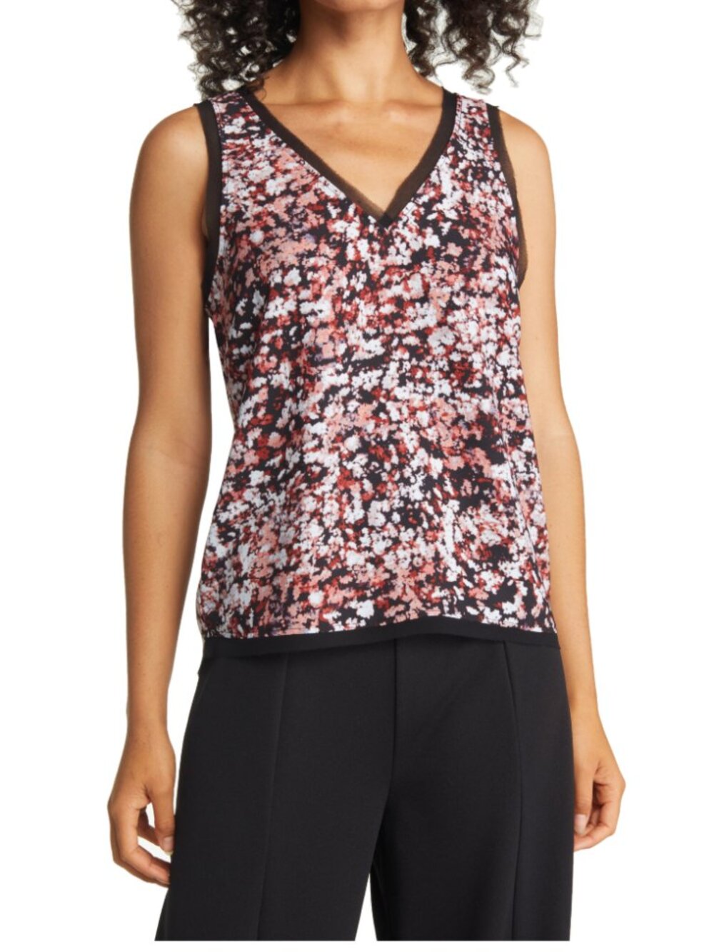 Halogen Raw Edge Tank Black Pink Forester Ditsy Lace V-Neck Sleeveless Blouse